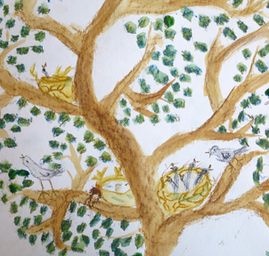 Bild Kindermalen Apr 25: Vögel im Baum